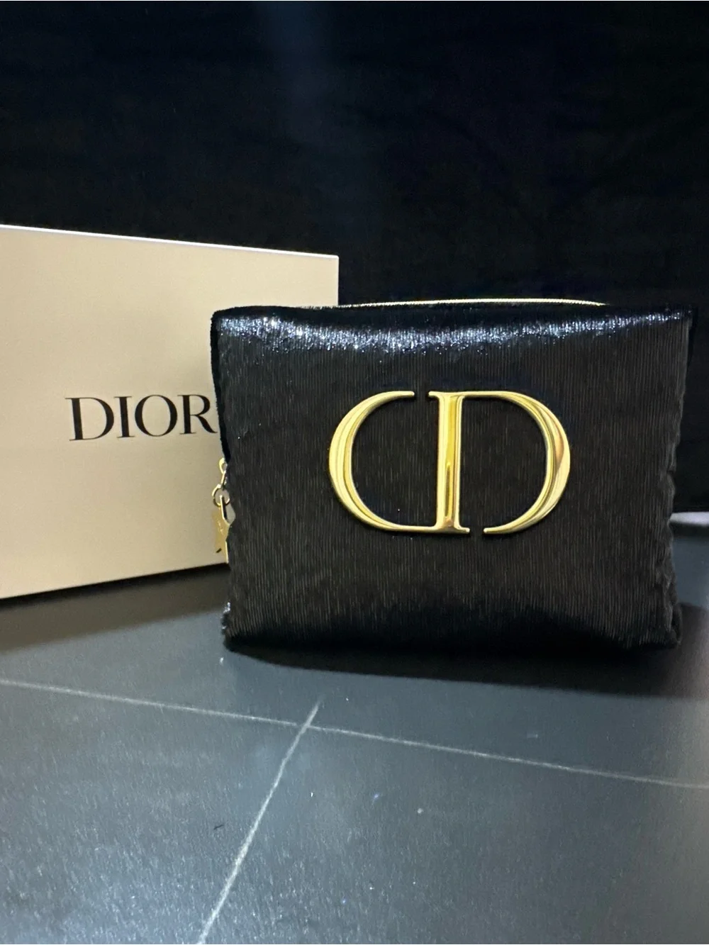 Dior Black Velvet Cosmetic Case with Gold CD Emblem